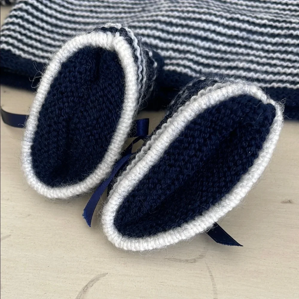 Hand Knit Striped Navy and White Baby Sweater with Booties